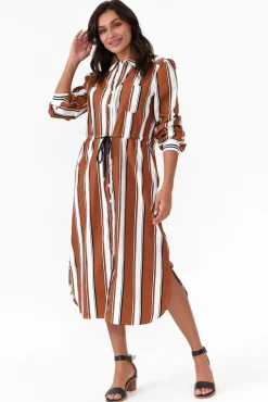 Cotton Dresses<365 Days Sorrento Tan Stripe Cotton Shirt Dress