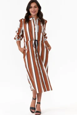 Cotton Dresses<365 Days Sorrento Tan Stripe Cotton Shirt Dress