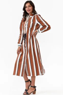 Cotton Dresses<365 Days Sorrento Tan Stripe Cotton Shirt Dress