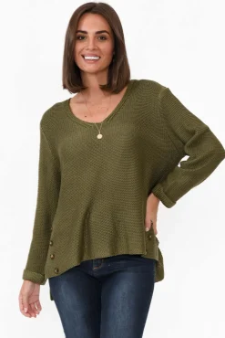 Cotton Tops<Willow Tree Stanley Olive Knit Button Jumper