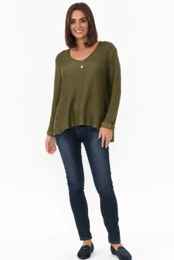 Cotton Tops<Willow Tree Stanley Olive Knit Button Jumper