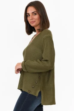 Cotton Tops<Willow Tree Stanley Olive Knit Button Jumper