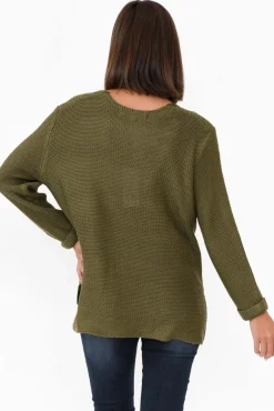 Cotton Tops<Willow Tree Stanley Olive Knit Button Jumper