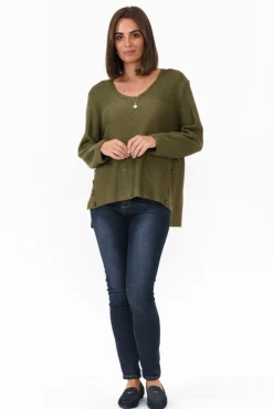 Cotton Tops<Willow Tree Stanley Olive Knit Button Jumper