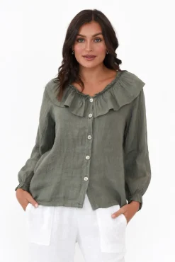 Linen Tops<Fabuler Sullivan Khaki Linen Frill Top