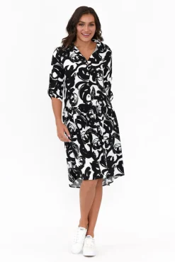 Above Knee Dresses<New U Collection Surrey Black Swirl Shirt Dress