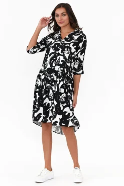Above Knee Dresses<New U Collection Surrey Black Swirl Shirt Dress