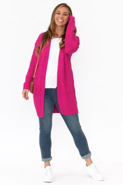 Knitwear<Isabella Boho Sutton Hot Pink Cable Knit Cardigan