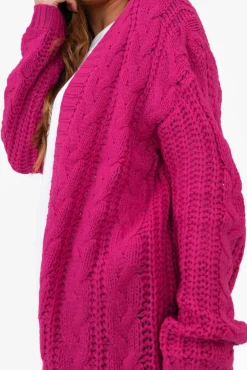 Knitwear<Isabella Boho Sutton Hot Pink Cable Knit Cardigan