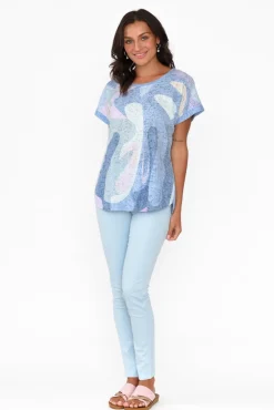 Cotton Tops<Cafe Latte Talisa Blue Abstract Cotton Blend Tee