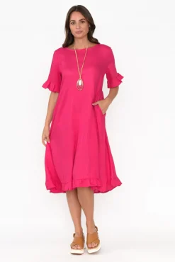 Above Knee Dresses<Ruby Rain Tamsen Hot Pink Linen Cotton Ruffle Dress