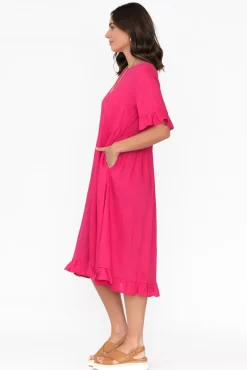 Above Knee Dresses<Ruby Rain Tamsen Hot Pink Linen Cotton Ruffle Dress