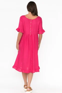Above Knee Dresses<Ruby Rain Tamsen Hot Pink Linen Cotton Ruffle Dress