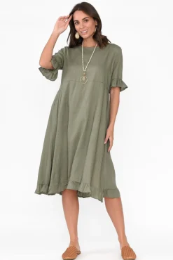 Above Knee Dresses<Ruby Rain Tamsen Khaki Linen Cotton Ruffle Dress