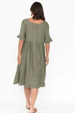 Above Knee Dresses<Ruby Rain Tamsen Khaki Linen Cotton Ruffle Dress