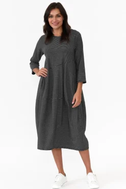 Below Knee Dresses<Tirelli Tatum Black Stripe Cotton Diagonal Dress