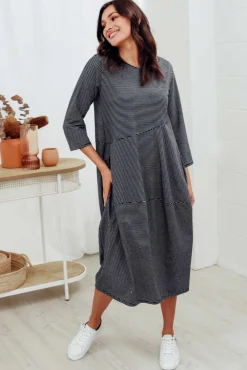 Below Knee Dresses<Tirelli Tatum Black Stripe Cotton Diagonal Dress