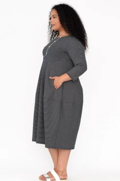 Below Knee Dresses<Tirelli Tatum Black Stripe Cotton Diagonal Dress