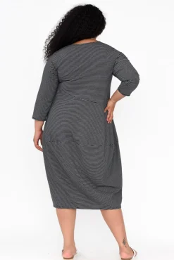 Below Knee Dresses<Tirelli Tatum Black Stripe Cotton Diagonal Dress