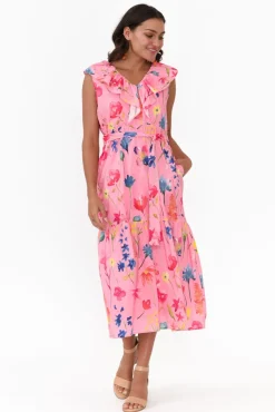 Cotton Dresses<Liberty Rose Thea Pink Flower Cotton Poplin Frill Dress