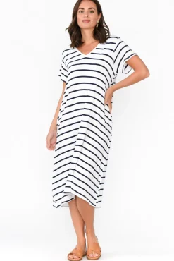 Midi Dresses<PQ Tiffany White Stripe Bamboo Tee Dress