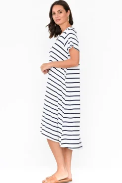 Midi Dresses<PQ Tiffany White Stripe Bamboo Tee Dress