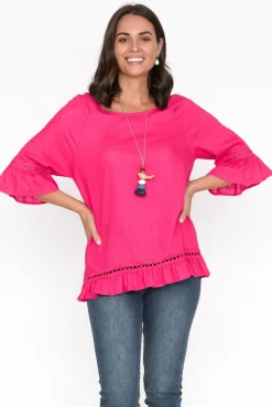 Linen Tops<Ruby Rain Tinker Hot Pink Linen Cotton Ruffle Top