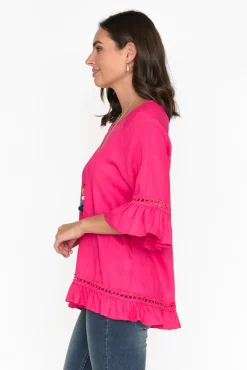 Linen Tops<Ruby Rain Tinker Hot Pink Linen Cotton Ruffle Top