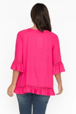 Linen Tops<Ruby Rain Tinker Hot Pink Linen Cotton Ruffle Top