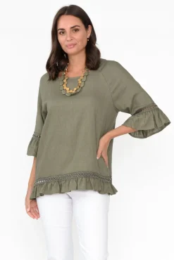 Linen Tops<Ruby Rain Tinker Khaki Linen Cotton Ruffle Top