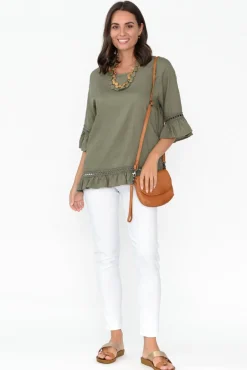 Linen Tops<Ruby Rain Tinker Khaki Linen Cotton Ruffle Top