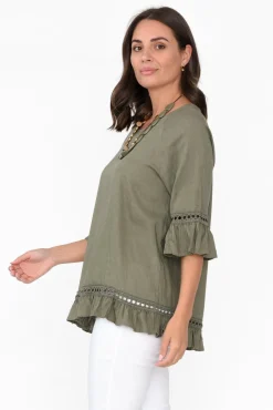 Linen Tops<Ruby Rain Tinker Khaki Linen Cotton Ruffle Top
