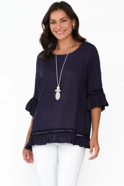 Linen Tops<Ruby Rain Tinker Navy Linen Cotton Ruffle Top