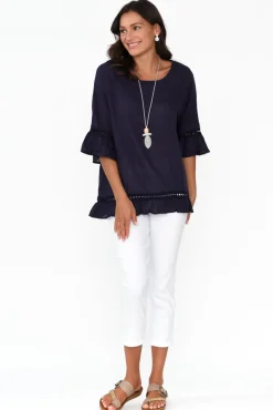 Linen Tops<Ruby Rain Tinker Navy Linen Cotton Ruffle Top
