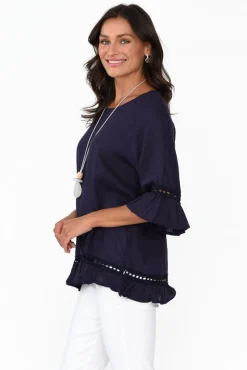 Linen Tops<Ruby Rain Tinker Navy Linen Cotton Ruffle Top