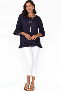 Linen Tops<Ruby Rain Tinker Navy Linen Cotton Ruffle Top