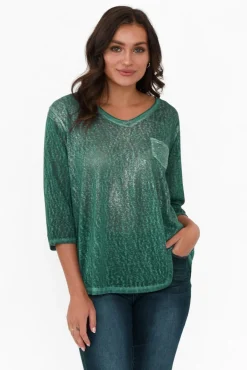 Linen Tops<La Strada Tinsley Teal Metallic Linen Blend Top