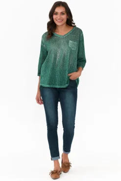 Linen Tops<La Strada Tinsley Teal Metallic Linen Blend Top