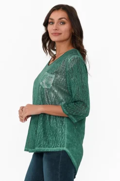 Linen Tops<La Strada Tinsley Teal Metallic Linen Blend Top