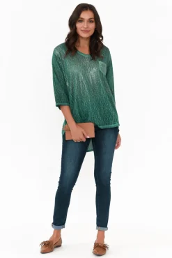 Linen Tops<La Strada Tinsley Teal Metallic Linen Blend Top