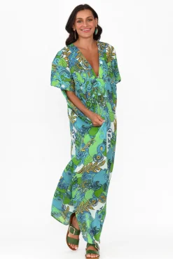 Cotton Dresses<Mozaic Tiwi Green Paisley Cotton Kaftan