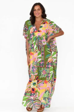 Cotton Dresses<Mozaic Tiwi Green Tropical Cotton Kaftan