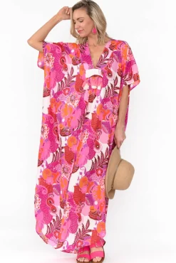 Cotton Dresses<Mozaic Tiwi Pink Tropical Cotton Kaftan