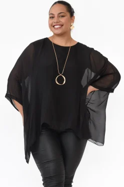 Sleeved Tops<La Strada Trevino Black Silk Overlay Top
