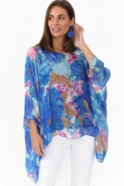 Sleeved Tops<La Strada Trevino Cobalt Flower Silk Overlay Top