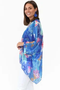 Sleeved Tops<La Strada Trevino Cobalt Flower Silk Overlay Top