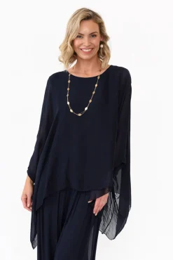 Sleeved Tops<La Strada Trevino Navy Silk Overlay Top