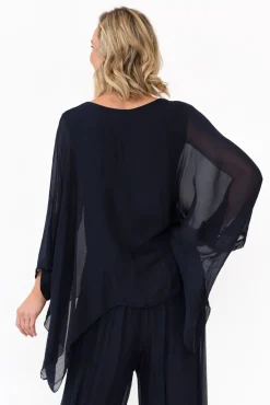 Sleeved Tops<La Strada Trevino Navy Silk Overlay Top