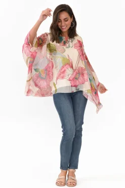 Sleeved Tops<La Strada Trevino Pink Flower Silk Overlay Top