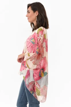 Sleeved Tops<La Strada Trevino Pink Flower Silk Overlay Top